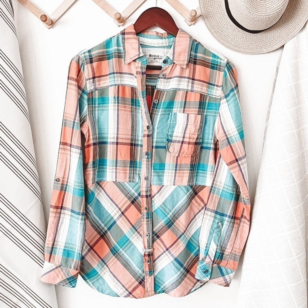 Anthropologie Holding Horses Plaid Seamed Flannel